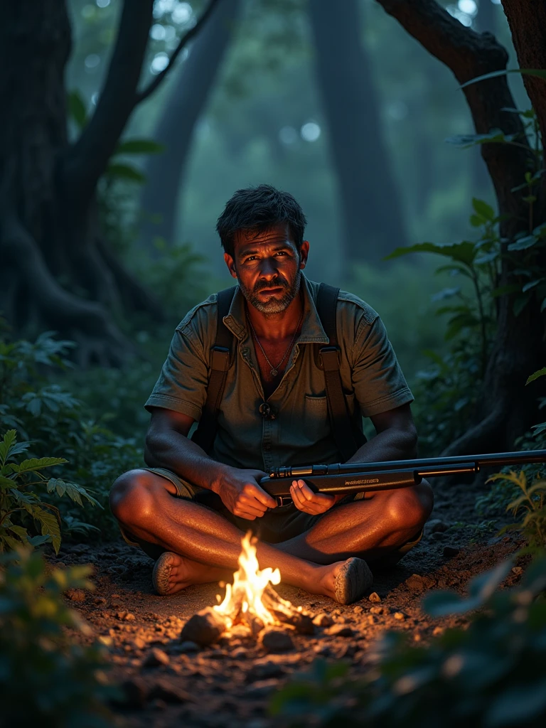 A Cambodian hunter sits with a gun in front of a fire at night in the forest