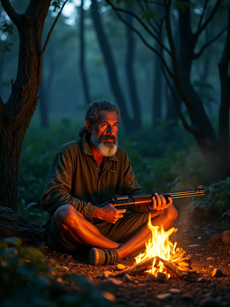 A Cambodian hunter sits with a gun in front of a fire at night in the forest