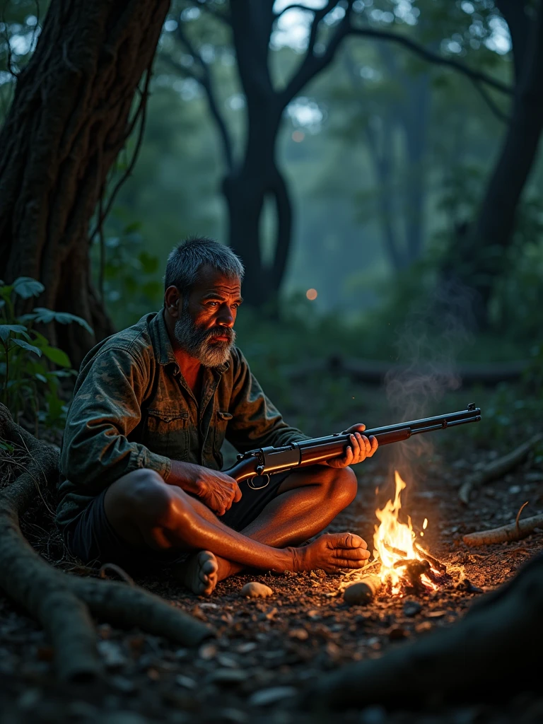 A Cambodian hunter sits with a gun in front of a fire at night in the forest