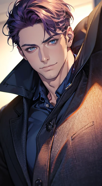 (best quality,4k,8k,highres,masterpiece:1.2),ultra-detailed,(realistic,photorealistic,photo-realistic:1.37),1 man,31 years old,mature man,very handsome,without expression,smile,short purple hair,blue eyes,penetrating gaze,perfect face without errors,imposing posture,businessman,office background,cinematic lighting,hdr image