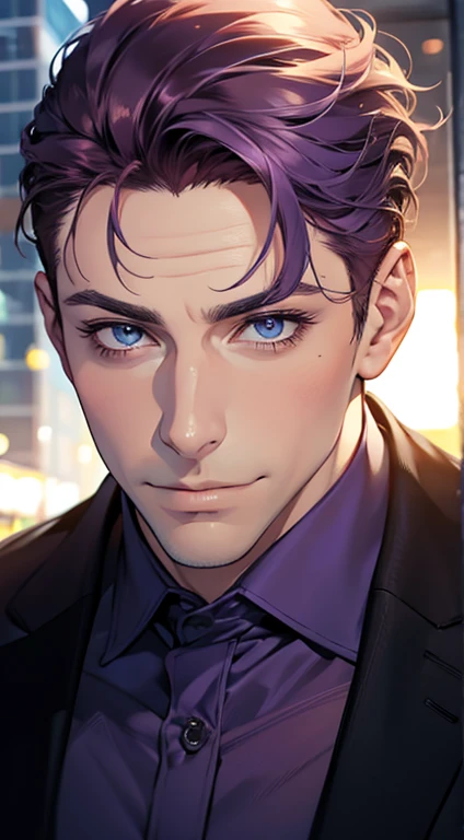 (best quality,4k,8k,highres,masterpiece:1.2),ultra-detailed,(realistic,photorealistic,photo-realistic:1.37),1 man,31 years old,mature man,very handsome,without expression,smile,short purple hair,blue eyes,penetrating gaze,perfect face without errors,imposing posture,businessman,office background,cinematic lighting,hdr image