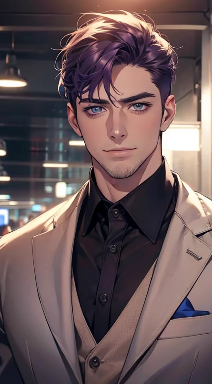 (best quality,4k,8k,highres,masterpiece:1.2),ultra-detailed,(realistic,photorealistic,photo-realistic:1.37),1 man,31 years old,mature man,very handsome,without expression,smile,short purple hair,blue eyes,penetrating gaze,perfect face without errors,imposing posture,businessman,office background,cinematic lighting,hdr image