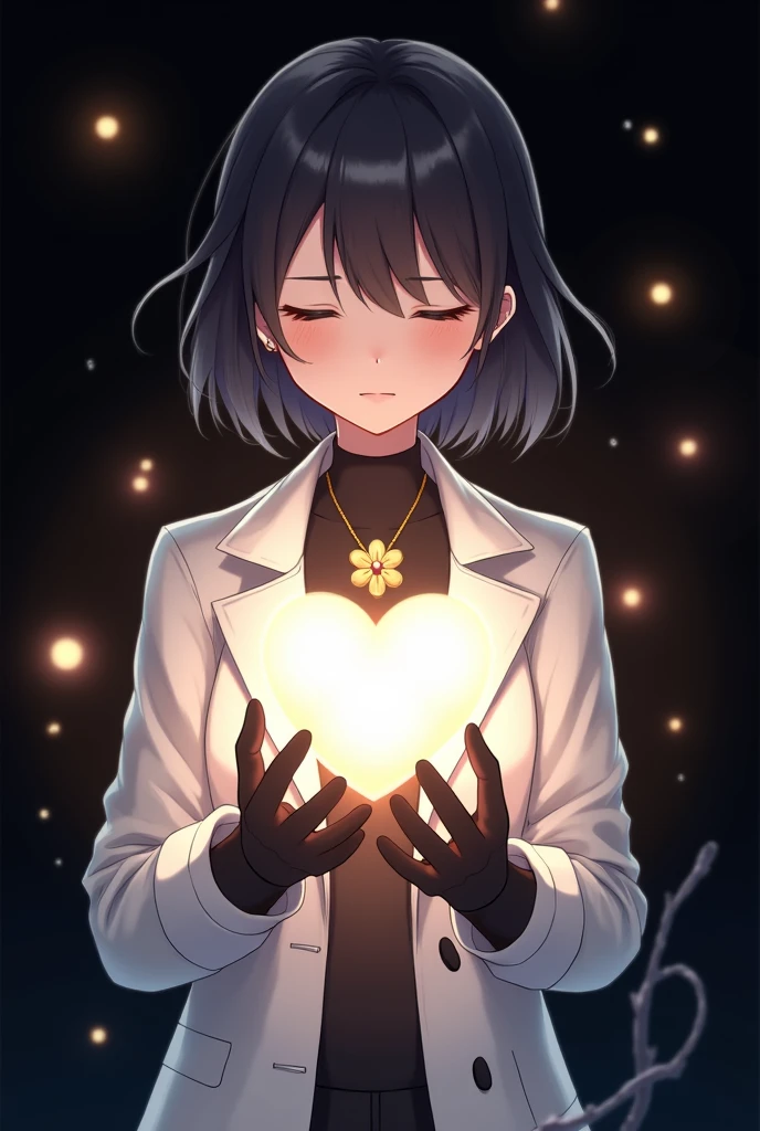 Create an image of an anime style girl, floating a bright white heart floating in her hands, with magic around it, closed eyes and serious expression with short black hair in locks, light brown skin, She wears a white trench coat and a gold flower-shaped necklace., White boots, short gris, black gloves... The background will be black and there will be a magic wand next to it., with shining hands around her