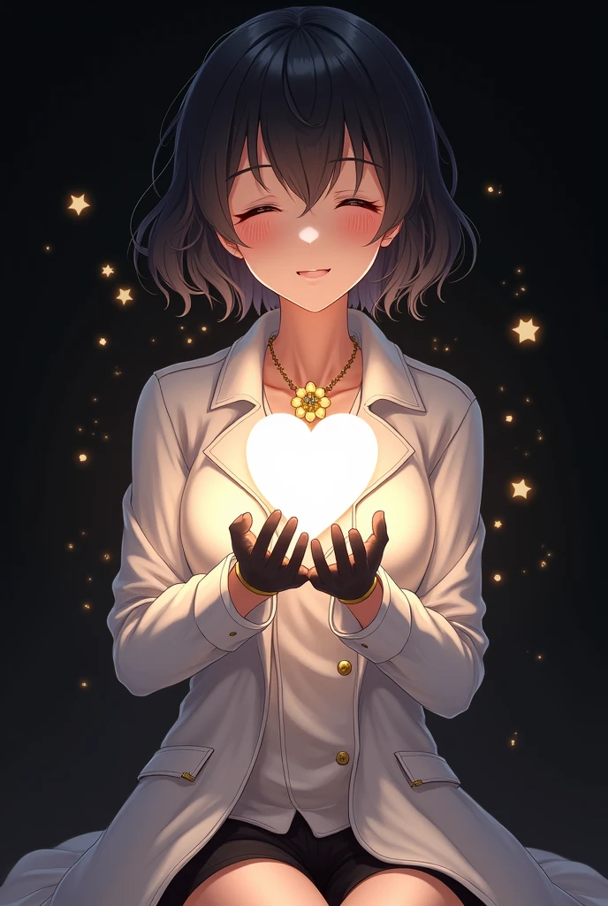 Create an image of an anime style girl, floating a bright white heart floating in her hands, with magic around it, closed eyes and serious expression with short black hair in locks, light brown skin, She wears a white trench coat and a gold flower-shaped necklace., White boots, short gris, black gloves... The background will be black and there will be a magic wand next to it., with shining hands around her