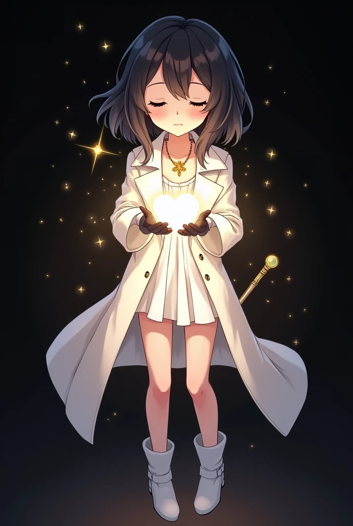 Create an image of an anime style girl, floating a bright white heart floating in her hands, with magic around it, closed eyes and serious expression with short black hair in locks, light brown skin, She wears a white trench coat and a gold flower-shaped necklace., White boots, short gris, black gloves... The background will be black and there will be a magic wand next to it., with shining hands around her


