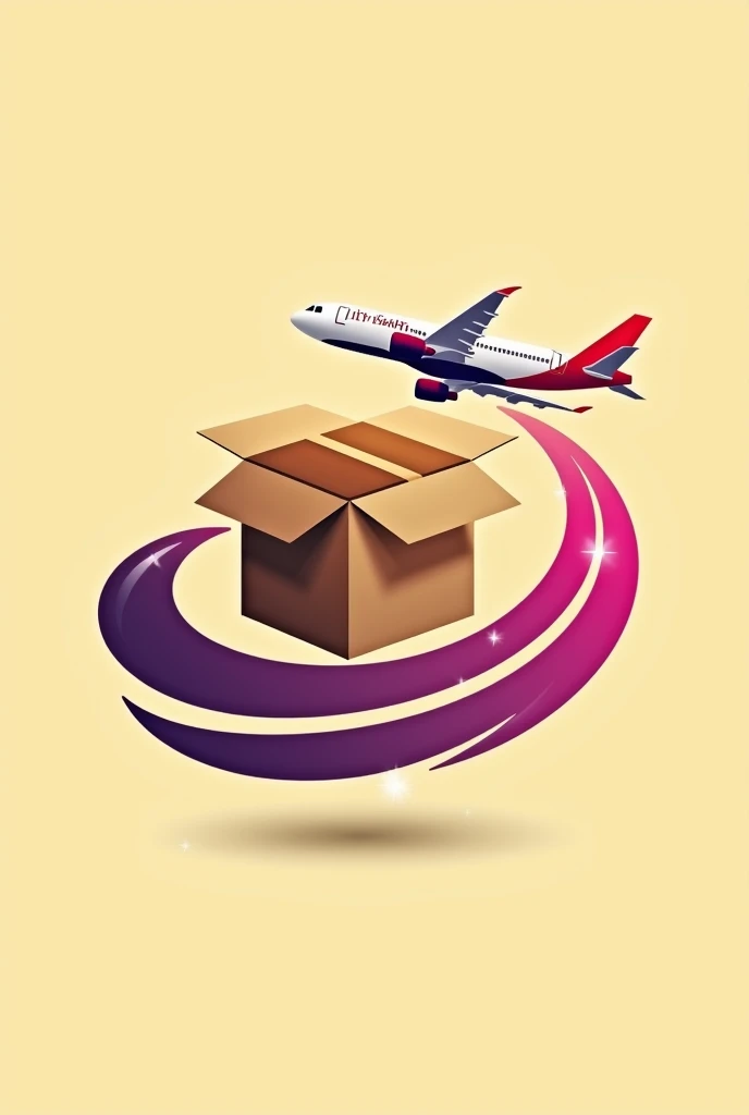 A logo for a company, with a brown package in the middle and an airplane as if it were a ring that goes around the package several times, and a little below the tweet that says LILY'S SHOP, and the trail of the airplane in purple and pink mixed with intense colors with a yellow background like that of the Pichincha bank