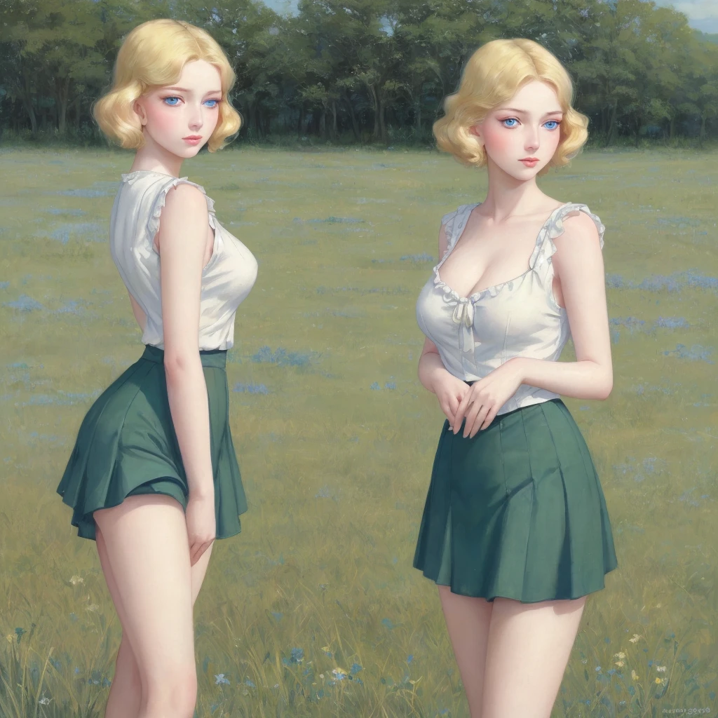 girl, 3個girl,group blonde, Green eyes, 1930s European style, high quality, full-body shot, , Big breasts, 長腿 身高170  beauty的腿, Sailor Suit, Short top and short skirt standing on the grassland, blue sky , delicate eyes, Delicate lips, Extremely detailed face, long eyelashes, Elegant, beautiful, beauty, charming, Exquisite, Realism, 8k, best quality, masterpiece, Endless grassland