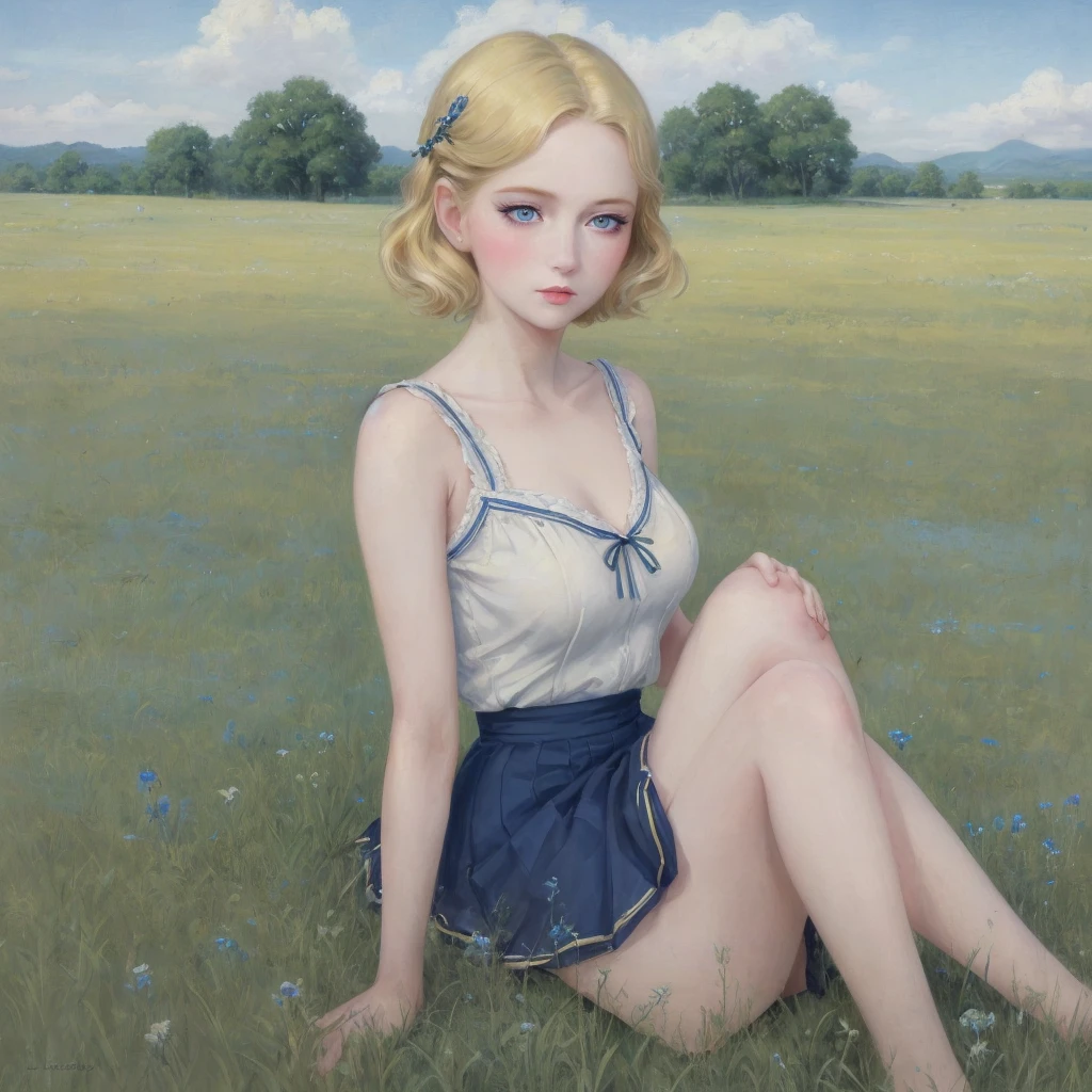 girl, 3個girl,group blonde, Green eyes, 1930s European style, high quality, full-body shot, 17 years old, Big breasts, 長腿 身高170 beauty的腿, Sailor Suit, Short top and short skirt standing on the grassland, blue sky , delicate eyes, Delicate lips, Extremely detailed face, long eyelashes, Elegant, beautiful, beauty, charming, Exquisite, Realism, 8k, best quality, masterpiece, Endless grassland