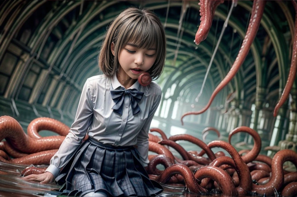 creepy tentacles are (((licking))) Asian school girl (inside creature:1.4) of stinky saliva fluids in fantasy, (stinky dress), wet girl, sitting, ((looking at the viewer)), wet skin, bukkake, anguished, bound by slimy tentacles, bdsm, vine, sitting in a mirror, she is resisting from cum shot, fetish, pussy juice stain, (she is hiding her mouth:1.5) inside creature, slimy ((wet skin)) dripping, (beautiful eyes), dried saliva, ((steaming)), depth of field, 1girl, solo, censored, ((white blouse)), skirt, bowtie, school girl, vore, photorealistic, cave of slime and saliva, gel