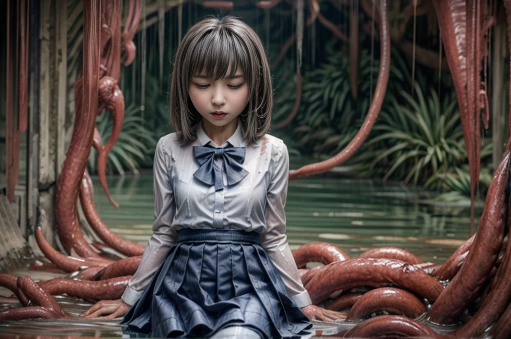 creepy tentacles are (((licking))) Asian school girl (inside creature:1.4) of stinky saliva fluids in fantasy, (stinky dress), wet girl, sitting, ((looking at the viewer)), wet skin, bukkake, anguished, bound by slimy tentacles, bdsm, vine, sitting in a mirror, she is resisting from cum shot, fetish, pussy juice stain, (she is hiding her mouth:1.5) inside creature, slimy ((wet skin)) dripping, (beautiful eyes), dried saliva, ((steaming)), depth of field, 1girl, solo, censored, ((white blouse)), skirt, bowtie, school girl, vore, photorealistic, cave of slime and saliva, gel