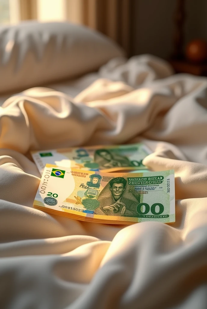 Make an image with several banknotes, in reais , on top of a bed
