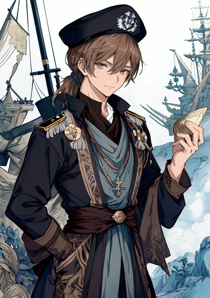 (Masterpiece), ((Highest Quality)),(Official Art),Epic adventure:1.2),(1 Male anime boy: 1.3), A young naval officer, straight light brown hair in medium low ponytail, dark brown eyes, bicorn hat, light blue coat, navigator, sextant, naval background, 18 years old, smiling, droopy eyes. Detailed drawing. Detailed eyes. Masculine jaws. Soft fairytale picture book, Arthur Rackham. Colorful, best detailed ((super detailed)), (highly detailed 2D anime boy illustration), ((epic and beautiful))  