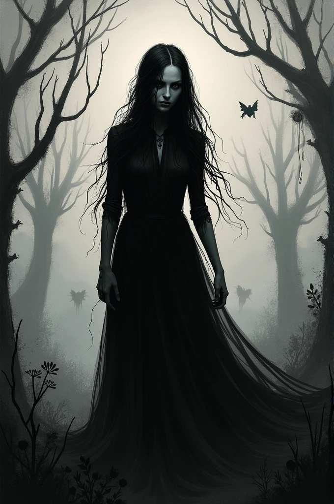 I ask you to generate a black and white illustration type image in the style of Tim Burton that reflects what I am feeling at this moment and for several years now..
The context is as follows:
I feel like I&#39;m attracted to or in love with a girl much less than I am ñ, We are both in other relationships. She talks to me and then disappears for days, I know it hurts me to talk to her, It stagnates me, It depresses me and the more I talk, the more I feel like I&#39;m sinking into a dark place that I can&#39;t get out of.. I feel tied to our past together and I know I should move on but when we make contact I can&#39;t get out.. I am attracted to her and I still have many feelings for her but there is no possibility of being together. I feel like I&#39;m trying to get rid of this bond but it keeps absorbing me and I can&#39;t move forward in my life..