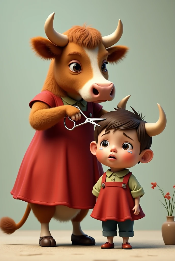 Make a brown cow in a red dress cutting a boy&#39;s bangs with scissors and he is crying 