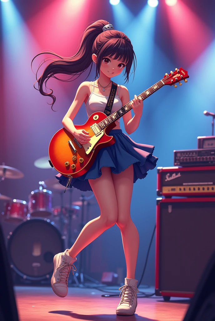 Anime, cute, ponytail, cool, girl, electric guitar, strumming, long skirt, mermaid skirt, sleeveless, Les Paul guitar, full body, life-size, jumping on both feet, guitar shield, amp, live performance
