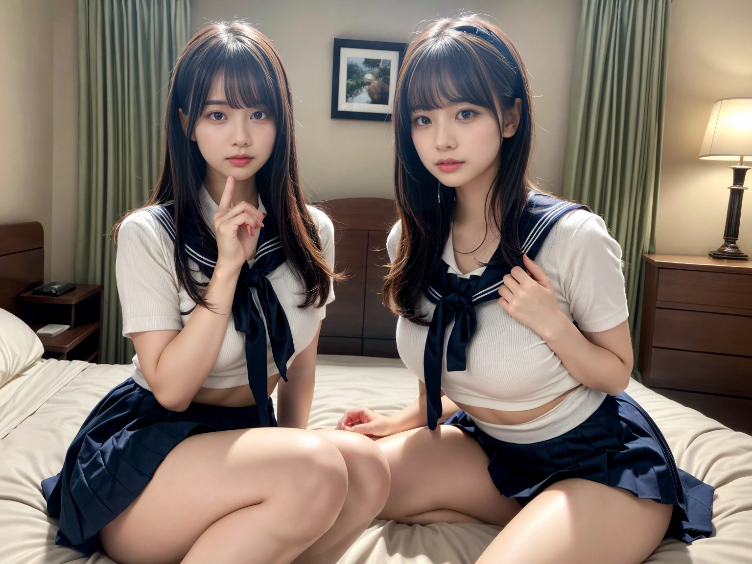masterpiece, best quality, illustration, Super detailed, fine details, High resolution, 8K,wall paper, perfect dynamic composition,(Details High quality, realistic depiction of eyes:1.3), (3 girls), Black Sailor Uniform, serafuku, Navy pleated skirt, sitting, open legs, short bob hair, in a hotel room in the background, deep on field, large breasts, black hair color, Big Natural Color Lip, (perfect body shape), crying a little、Harajuku style、20 year old girl、cute type、beautiful legs, Gravure Idol