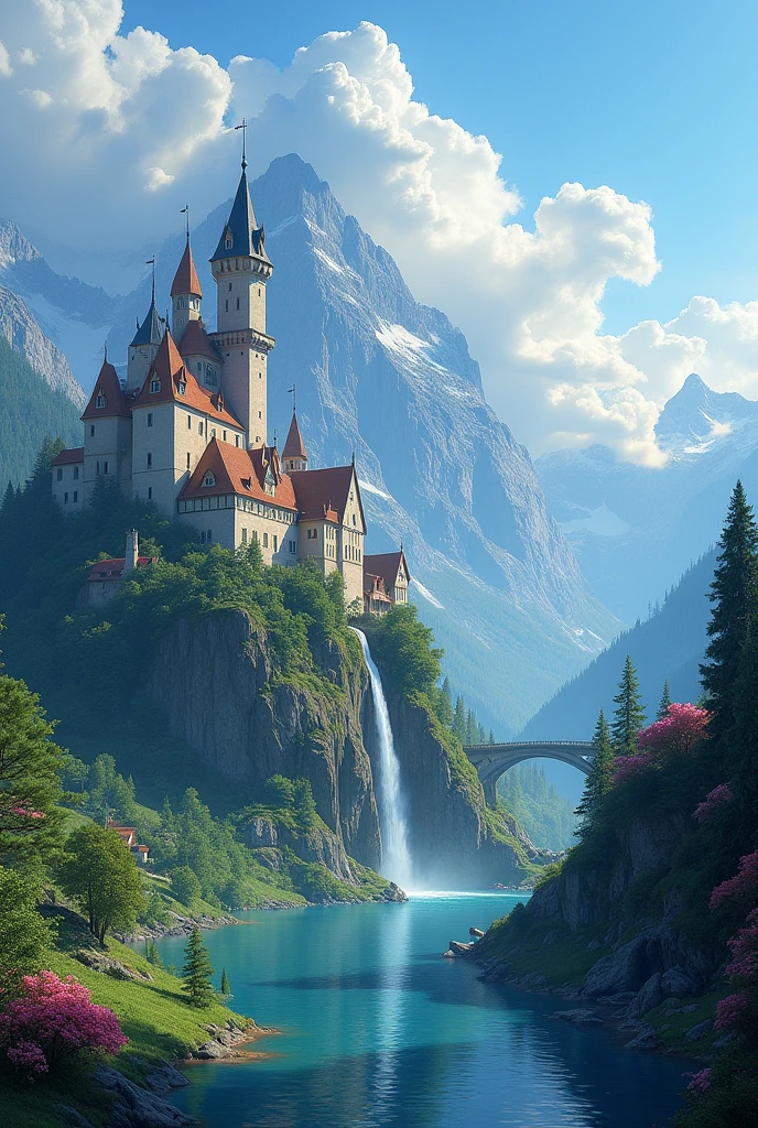 masterpiece, 最high quality, high quality, Very detailed CG unit 8k wallpaper, landscape, outdoor, Invalid, cloud, sky, A beautiful medieval castle, No humans, Mountain, landscape, water, wood, blue Invalid, waterfall, cliff, nature, lake, river, village, 秋sky, cloudy Invalid, Colorful flowers, Award-winning photography, Bokeh, Writing border depth, high resolution, bloom, Chromatic Aberration, Practical, Very detailed, Artステーションのトレンド, CG Social Trends, complicated, Attention to detail, dramatic, Art：On the go