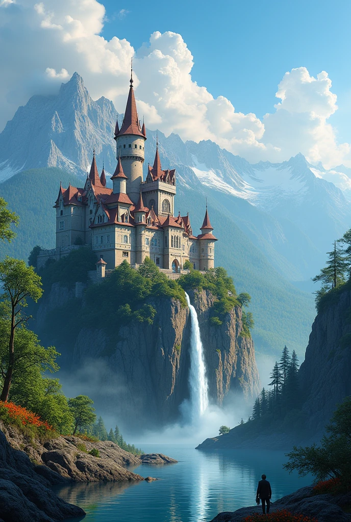 masterpiece, 最high quality, high quality, Very detailed CG unit 8k wallpaper, landscape, outdoor, Invalid, cloud, sky, A beautiful medieval castle, No humans, Mountain, landscape, water, wood, blue Invalid, waterfall, cliff, nature, lake, river, village, 秋sky, cloudy Invalid, Colorful flowers, Award-winning photography, Bokeh, Writing border depth, high resolution, bloom, Chromatic Aberration, Practical, Very detailed, Artステーションのトレンド, CG Social Trends, complicated, Attention to detail, dramatic, Art：On the go