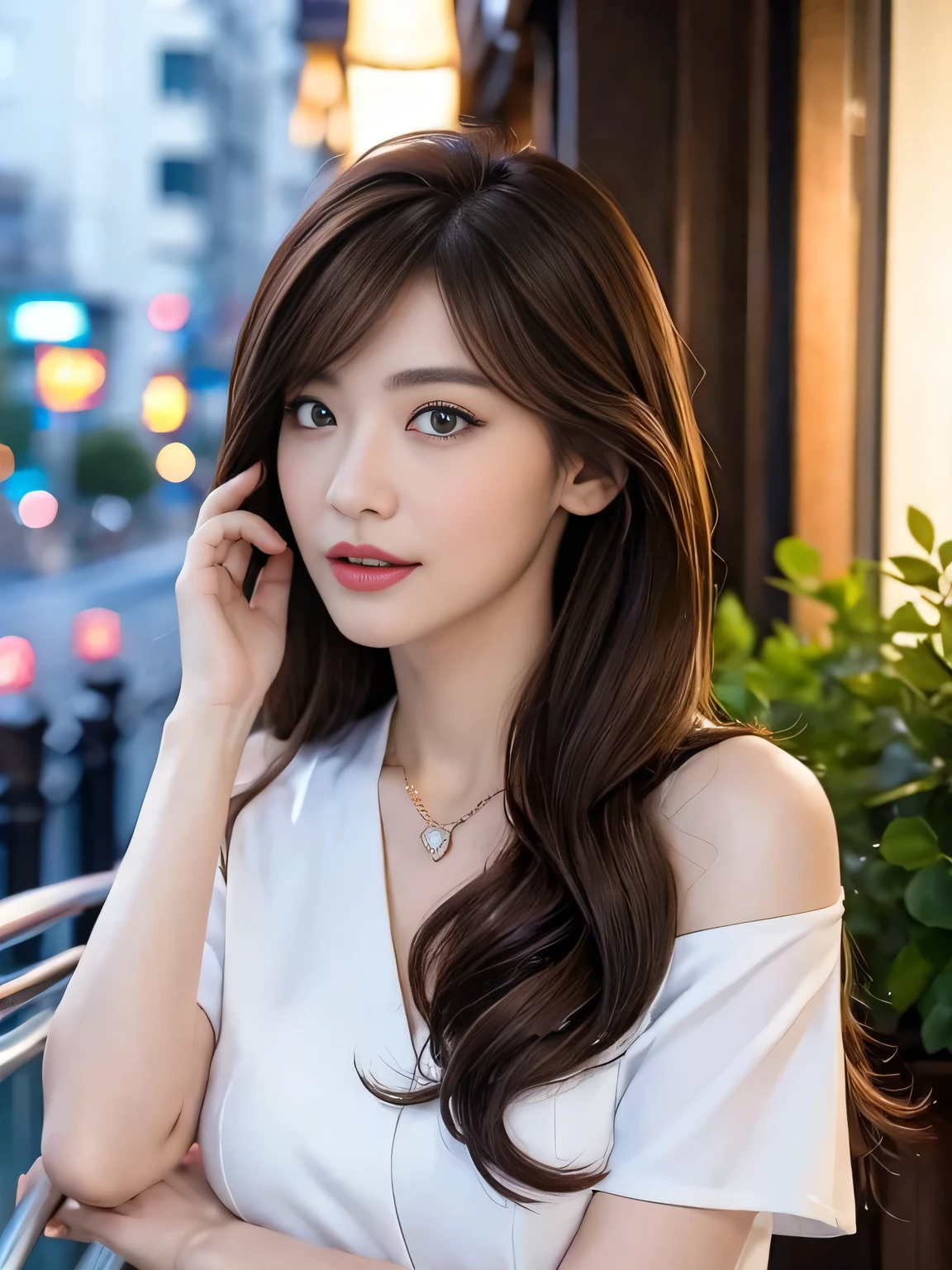 ((Genuine lighting、highest quality、8k、masterpiece:1.3))、8k、Clear focus:1.2、Browsing Caution、((Genuine)) 、((Genuine light、highest quality) )、Model Body Type:1.4、(Dark brown hair、outside:1.8)、Dark brown eyes、Long Hair、Resort、At Nangoku Hotel、(30-years-old:1.3)、Highly detailed face、Beautiful Eyes、double eyelid、necklace、Put your hair over one eye、High heels、eyeliner、Please comb your hair、out side terrace view、liberation、Model Pose、(West Shot)、Random body direction、