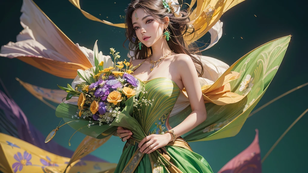 32K, 最高quality, 最高masterpiece, (ultra-Detailed Background, Detailed Background), High resolution, Super detailed, Very detailedな, One girl, (bouquet:1.3), (Tangled:1.2), (Geometric:1.2),(colorful),(masterpiece, quality, best quality, Official Art, Beautiful and beautiful:1.2), (1 girl:1.3), Very detailed,(colorful:1.1)(Flowers:1.3),Most detailed,(Tangled:1.2), whole body, (Abstract background:1.3), (Skin glows), (Many colors:1.4), ,(Earrings Jewelry:1.5), Light green background,