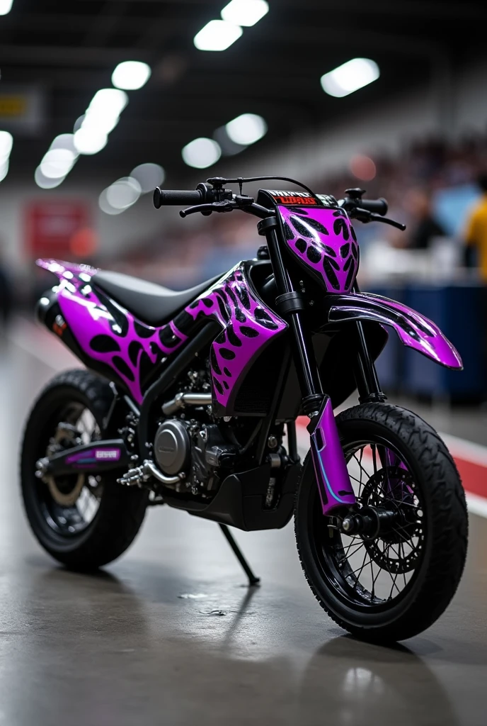 Moto pit bike apc company 2014 black with dark purple thick flames stickers from left side view