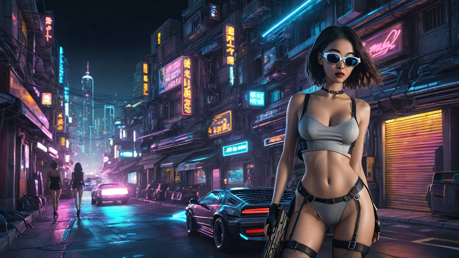 simple comic style cyberpunk city, line art background, flying cars, at night. (1girl, solo), photo realistic, medium-breast:1.3 slim body, cleavage, sling top, miniskirt, black sunglasses, holding a short gun, half-body thigh level medium shot, cinematic lighting, ray tracing.