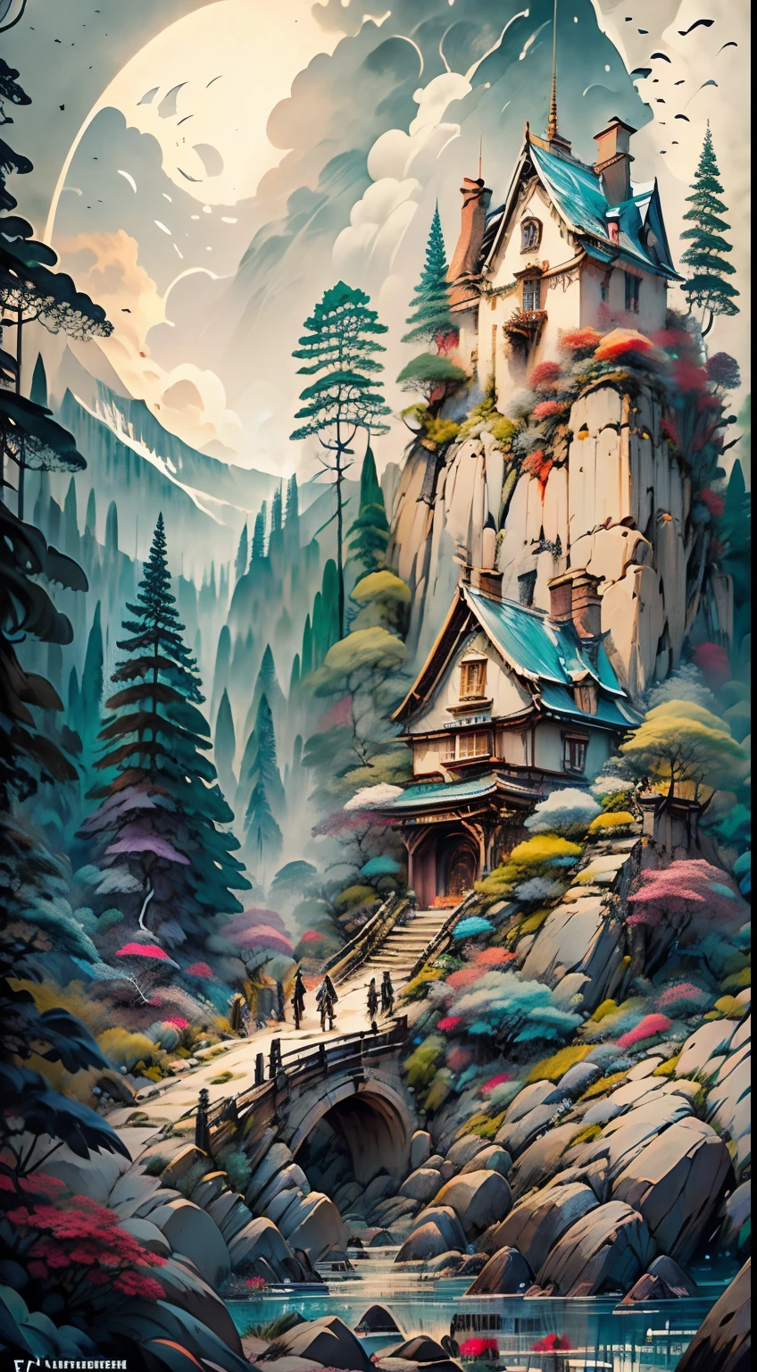 (Magical place:1.2, Vibrant colors:1.1, bridge, Cities on the horizon, 8k) Medieval castle, Larampago sky