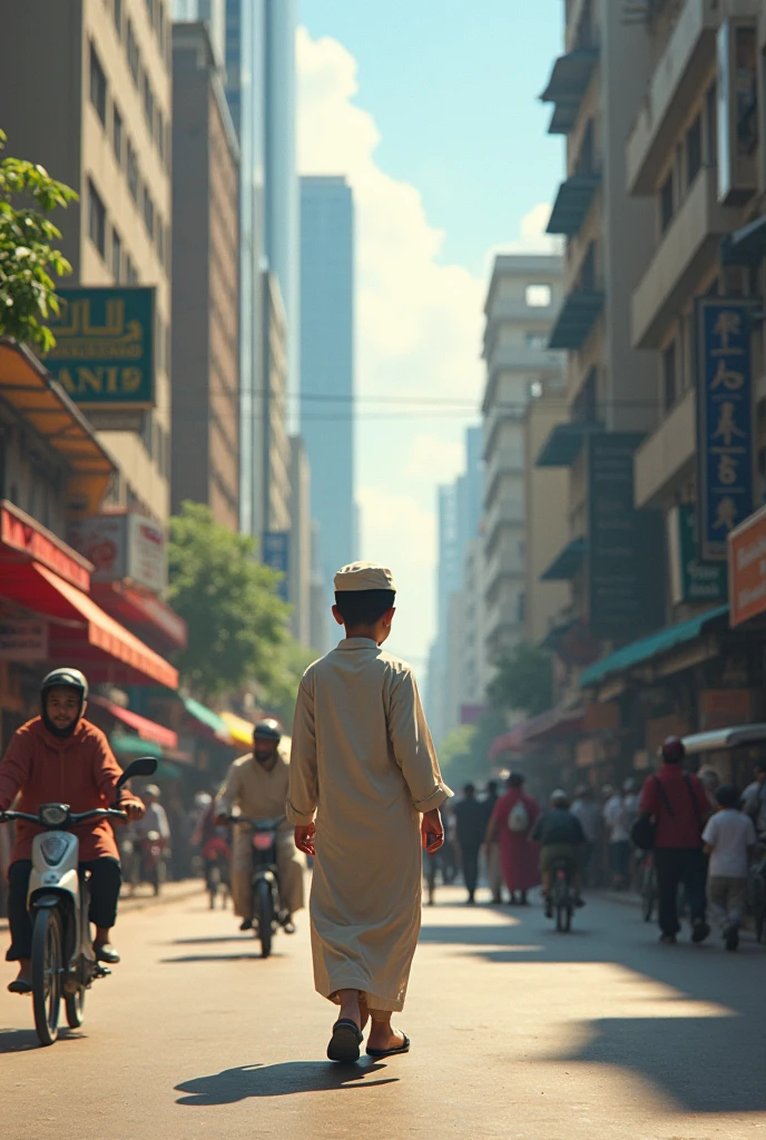 Muslim boy, walk on road, people rush