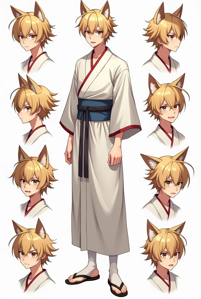 High quality illustrations, male,Cat-eared ager, three views, Front and sides and back, Character Sheet, Character Design, Various expressions(Happy expression、Sad expression、Angry expression) 、masterpiece、(Highest quality)、((kimono))、((Makes your face smaller))、The body is slim、((Yellow Eyes))、((10 poses and facial expressions))、Anime characters