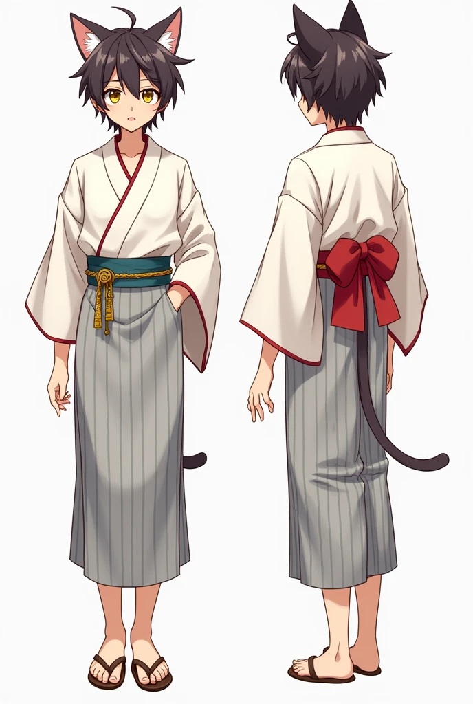 High quality illustrations, male,Cat-eared ager, three views, Front and sides and back, Character Sheet, Character Design, Various expressions(Happy expression、Sad expression、Angry expression) 、masterpiece、(Highest quality)、((kimono))、((Makes your face smaller))、The body is slim、((Yellow Eyes))、((10 poses and facial expressions))、Anime characters
