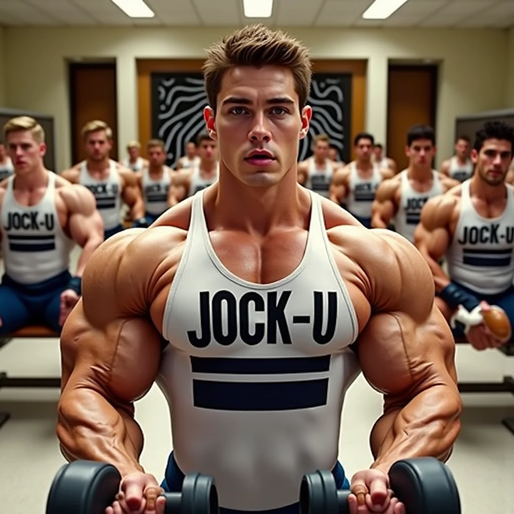 Young male college student Wearing shirt that says JOCK-U as a big dumb hyper muscular sweaty bodybuilder football jock bro in skin-tight compression gear flexing and staring blankly forward at the camera with open mouth under hypnosis. A monitor displaying a hypnotic spiral swirls behind him as he stands in a locker room doing a double bicep flex to expose sweaty armpits as he repeats, "Stare ... listen ... blank ... obey.... Bigger... Dumber.... Just a big ... dumb ... jock. Huhuh.... Uhhhhhh.... How's it hangin', bro? C'mere. Watch the spiral and FLEX with me, BRO! It's good to be a JOCK. Stare. Obey. Be a jock, just like me...." in a deep voice. Football jock assimilation. Hyper swollen crotch bulge. Sweating. Mouth hanging open. Hyper muscles. Giant biceps. Giant triceps. Broad shoulders. Giant traps. Giant lats. Giant deltoids. Big meaty pecs. Hyper swollen glutes. Brainwashing. Hypnosis. Hypnotized. Bro. IQ drain. Sweaty. Stereotype. Hypnotic trance. Entranced. Brainwashed. meathead. Musclehead. mindless. brainless. Front view. Digital painting. Giant muscles. compression gear. Color.