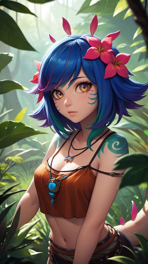 masterpiece,(best quality,top quality,8k),ultra detailed,illustration,painting,detailed eyes and face,(1girl),neeko, multicolored hair, colored skin,(short hair), facial mark, forehead mark, hair ornament, hair flower, necklace, brown crop top, Lizard tail,sleeping,(looking at viewer),(puffy eyes) ,good contrast , high sharpness,(gorgeous),RAW Photography,(hyperdetailed),jungle,forest,river