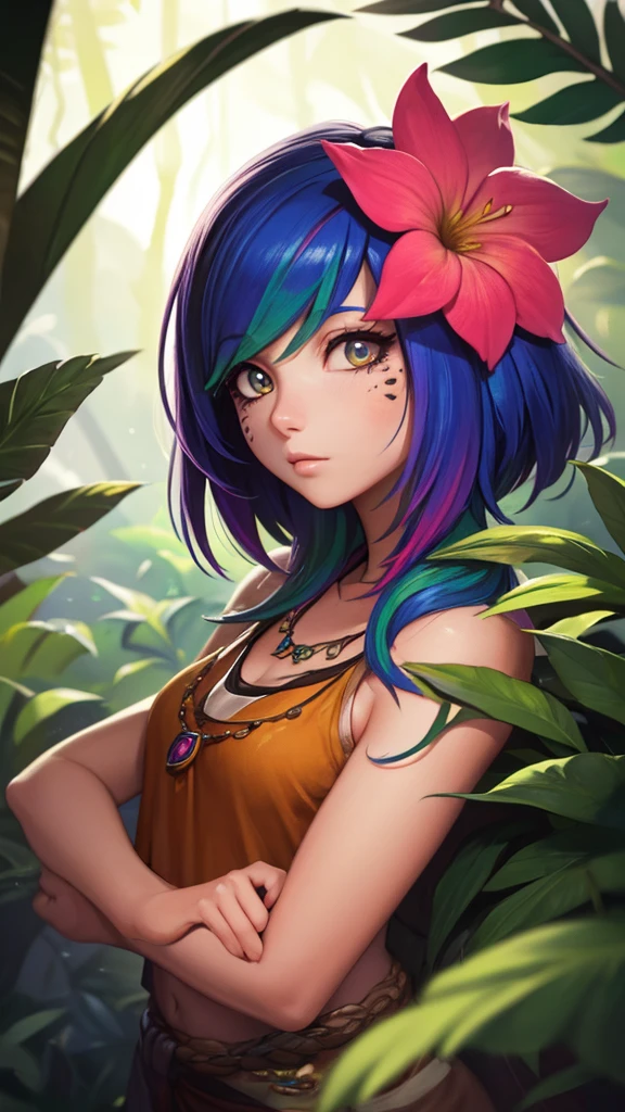 masterpiece,(best quality,top quality,8k),ultra detailed,illustration,painting,detailed eyes and face,(1girl),neeko, multicolored hair, colored skin,(short hair), facial mark, forehead mark, hair ornament, hair flower, necklace, brown crop top, Lizard tail,sleeping,(looking at viewer),(puffy eyes) ,good contrast , high sharpness,(gorgeous),RAW Photography,(hyperdetailed),jungle,forest,river