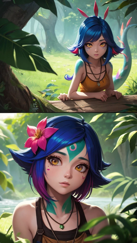 masterpiece,(best quality,top quality,8k),ultra detailed,illustration,painting,detailed eyes and face,(1girl),neeko, multicolored hair, colored skin,(short hair), facial mark, forehead mark, hair ornament, hair flower, necklace, brown crop top, Lizard tail,sleeping,(looking at viewer),(puffy eyes) ,good contrast , high sharpness,(gorgeous),RAW Photography,(hyperdetailed),jungle,forest,river
