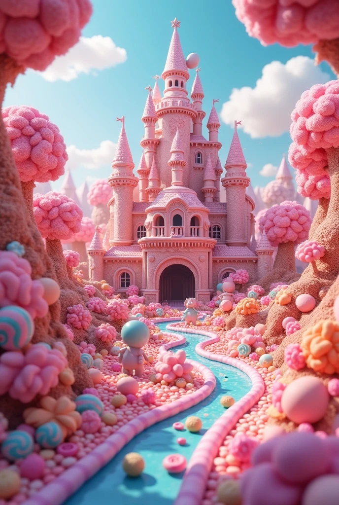 a candy land with lots of candy, candy forest, candy land, candyland, everything is made of candy, made of cotton candy, in a candy land style house, candy - coated, made of candy and lollipops, heaven pink, cotton candy, made of candy, heaven!!!!!!!!, cotton candy trees, lollipop flowers, hyperreal phantastic landscape, lots of candy land style houses, a big candy land style castle surrounded by  a river made of chocolate,  road made with candy buttons, Chewing Gum, candy cannes, lollypop candies all over the place