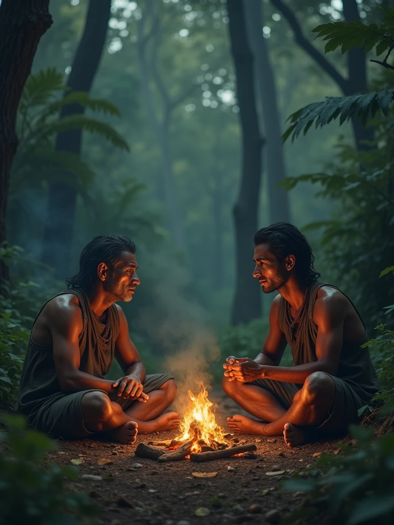 Two Cambodian hunters sit and smoke cigarettes in front of the fire at night in the forest