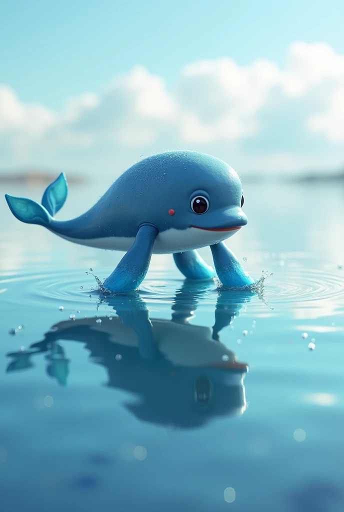 Create a small whale with blue feet that walks on water 