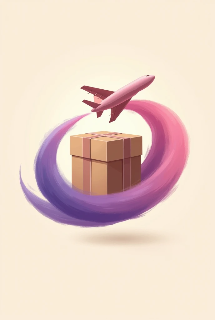 A logo for a company, with a brown package in the middle and an airplane as if it were a ring that goes around the package several times, and a little below the tweet that says LILY'S SHOP, and the airplane trail in purple and pink mixed together and intense colors with a light skin-colored background