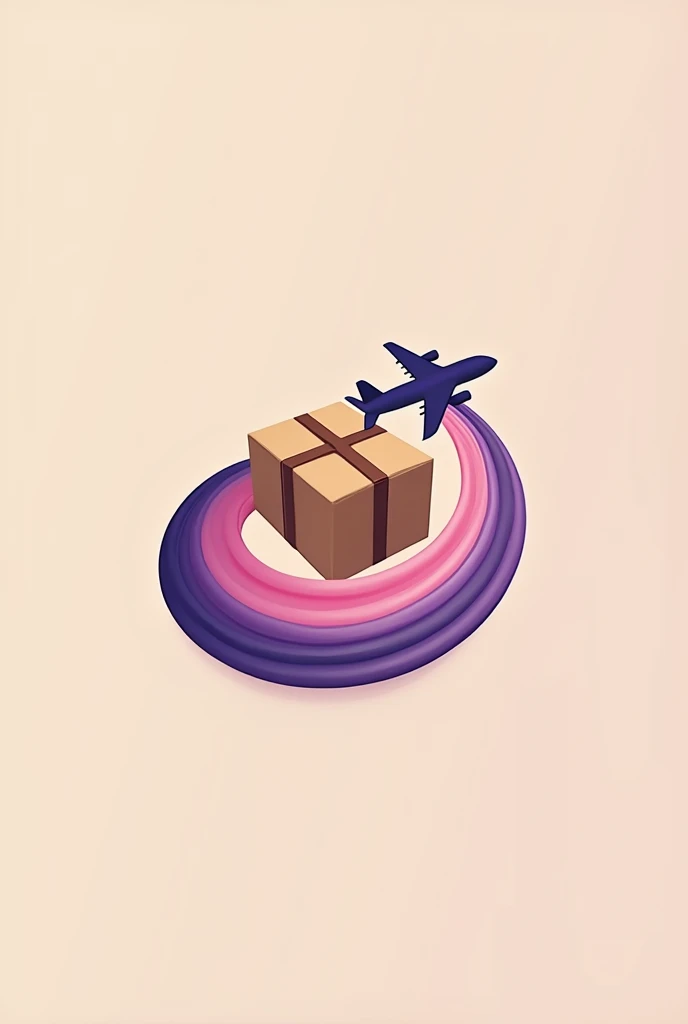 A logo for a company, with a brown package in the middle and an airplane as if it were a ring that goes around the package several times, and a little below the tweet that says LILY'S SHOP, and the airplane trail in purple and pink mixed together and intense colors with a light skin-colored background
