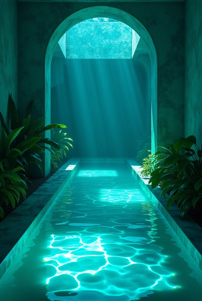 liminal space, with pools and blue and green lights, and with some plants Written "Liminal Feels" with a font that looks somewhat nostalgic, like some old windows xp font