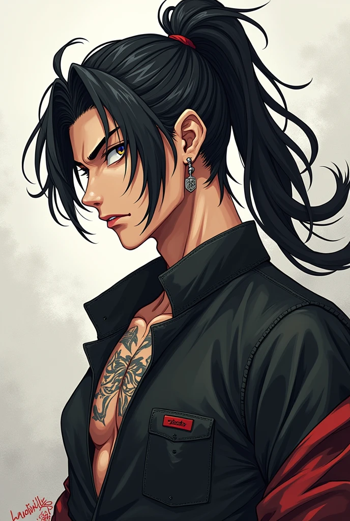 A young cool anime guy with long hair, wearing earrings, hair tied back with a barrette, tattoos, not cute, tough looking but with masculine facial features, not girlish, looking to the left and with masculine lips