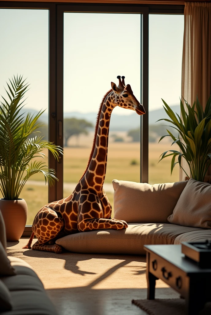Giraffe is in a large living room, with large windows that let in the soft late afternoon light. She is not wearing her stage costume, appearing in its natural state, with its golden coat and brown spots that make it so unique.The room is decorated with elements that combine sophistication and a natural touch., like tall plants in ceramic pots, a large cushion where she sits comfortably, and a shelf with vinyl records next to a vintage record player. The furniture is elegant, with neutral tones that complement the surrounding nature.Giraffe is positioned near an open window, through which you can see the vast savannah in the distance, mixing the wild with the comfort of home. She looks calmly outside, perhaps reflecting or just enjoying the moment of tranquility.Sunlight pierces through windows, creating soft shadows and a golden glow in the room. The environment conveys a sense of peace and comfort, showing Giraffe&#39;s more intimate and relaxed side, out of the spotlight. giraffe