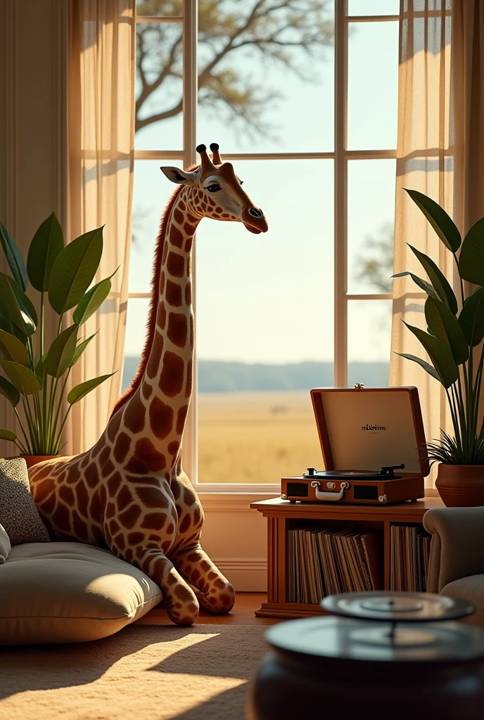 Giraffe is in a large living room, with large windows that let in the soft late afternoon light. She is not wearing her stage costume, appearing in its natural state, with its golden coat and brown spots that make it so unique.The room is decorated with elements that combine sophistication and a natural touch., like tall plants in ceramic pots, a large cushion where she sits comfortably, and a shelf with vinyl records next to a vintage record player. The furniture is elegant, with neutral tones that complement the surrounding nature.Giraffe is positioned near an open window, through which you can see the vast savannah in the distance, mixing the wild with the comfort of home. She looks calmly outside, perhaps reflecting or just enjoying the moment of tranquility.Sunlight pierces through windows, creating soft shadows and a golden glow in the room. The environment conveys a sense of peace and comfort, showing Giraffe&#39;s more intimate and relaxed side, out of the spotlight. giraffe