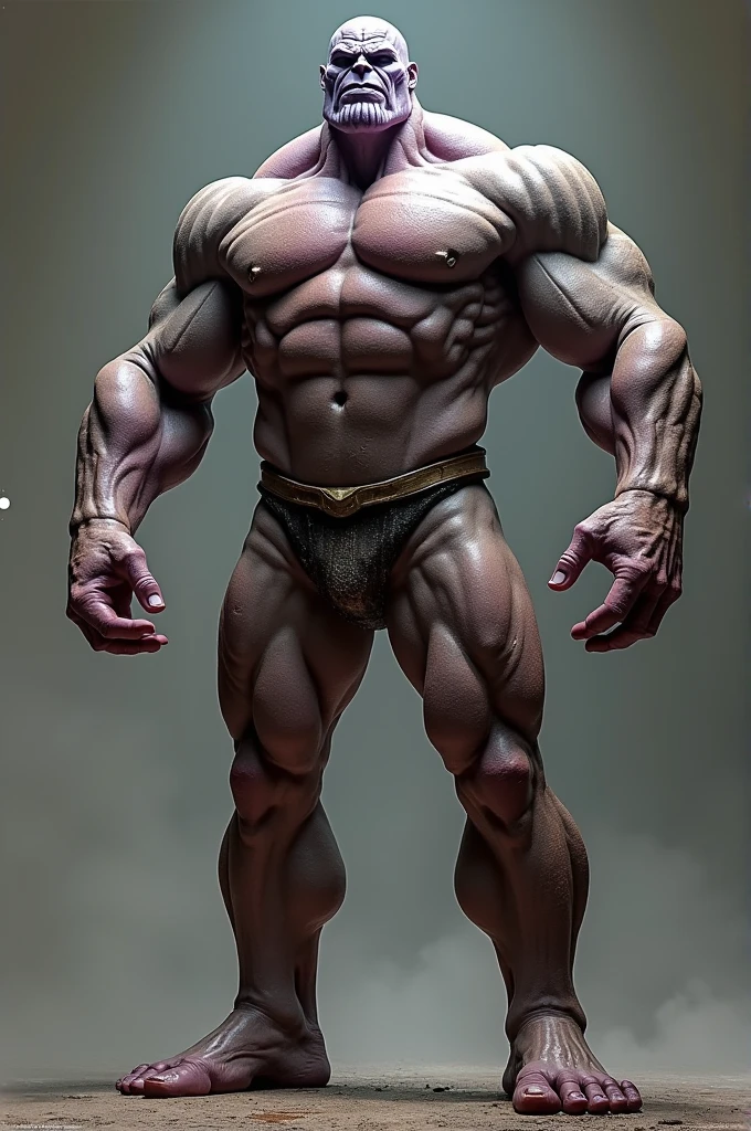 Thanos to Marvel, completely naked, standing, broad shoulders, right?, NAKED thick legs, (big penis, dripping from the groin