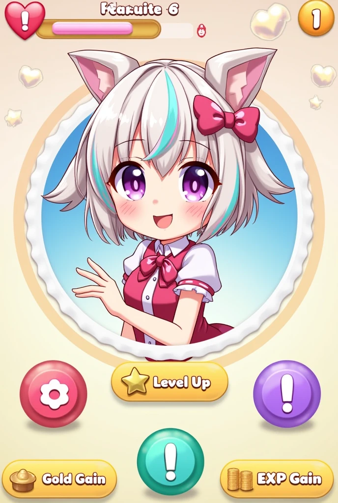 The image depicts a colorful and playful game clicker interface featuring an anime girl at its center. She has vibrant, multicolored hair and expressive, large eyes, and she's dressed in a cute, anime-style outfit that complements the overall light-hearted aesthetic of the game.

The background is a soft pastel color, which keeps the focus on the girl and the interface elements. Surrounding the anime girl are various interface elements, including labels such as "Level Up," "Attack," "Gold Gain," and "EXP Gain," each clearly displayed and organized in a clean layout. These elements suggest that the game involves leveling up, attacking, and earning rewards like gold and experience points.