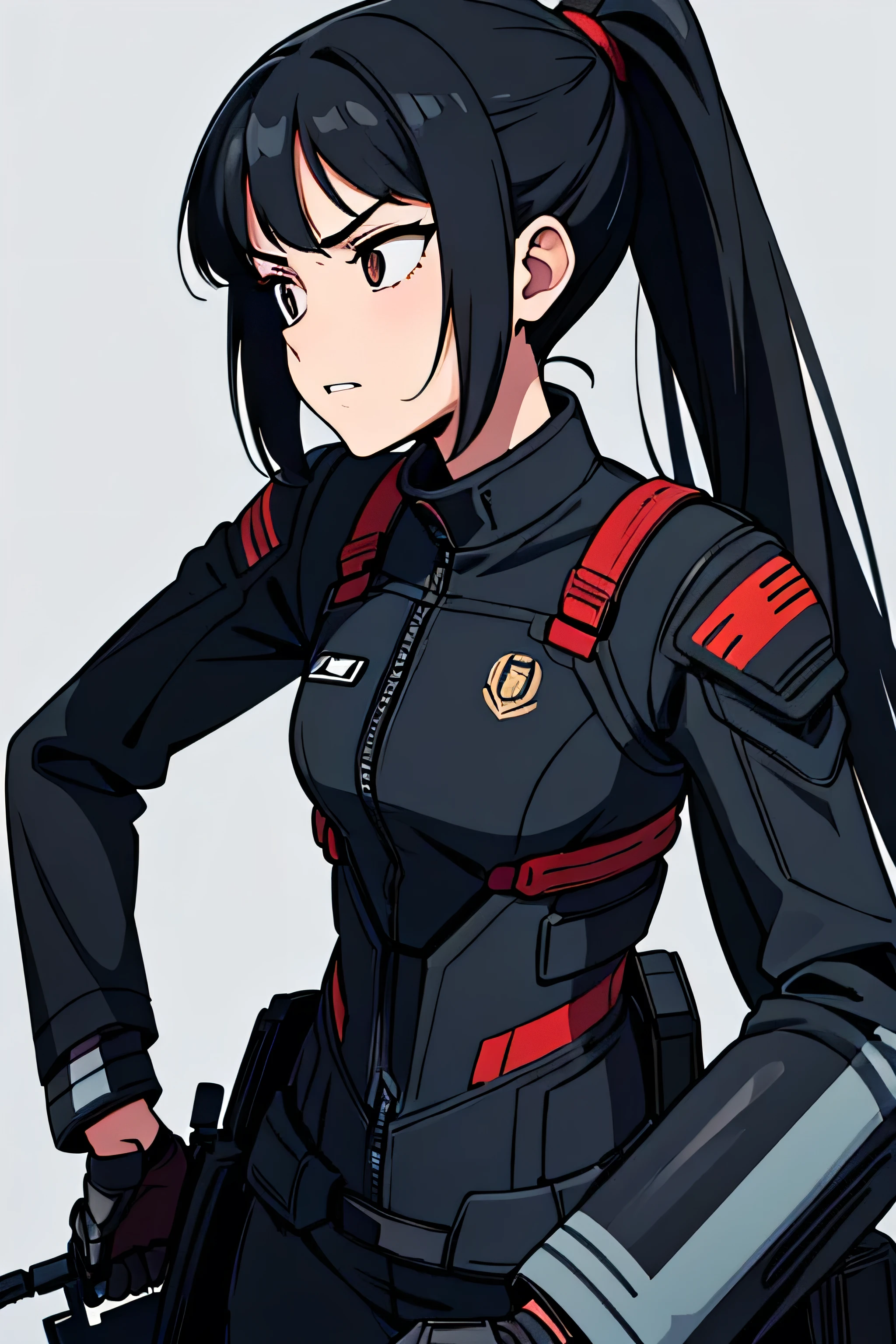 Digital illustration of an anime-style character. The character is a child of with long black hair, she has hair tied in a hair ponytail, she has a several expression. she wears an military exosuit in full black color, with red accents on the chest area. The suit features detailed exosuit plating and straps, suggesting a combat or tactical purpose. The background isa blanck space, asian feautures, childish appearance