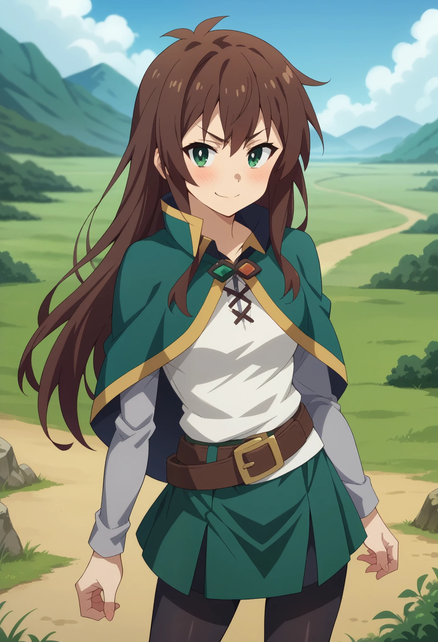 score_9, score_8_up, score_7_up, 1girl, solo, (female:1.5), female focus, female body, kazuma satou, long hair, brown hair, green eyes,shirt, long sleeves, white shirt, belt, green skirt, short skirt, black pantyhoses, capelet, brown belt, standing, perverted face, smirk, white underwear, blushing, looking at you, landscape, centered image,
