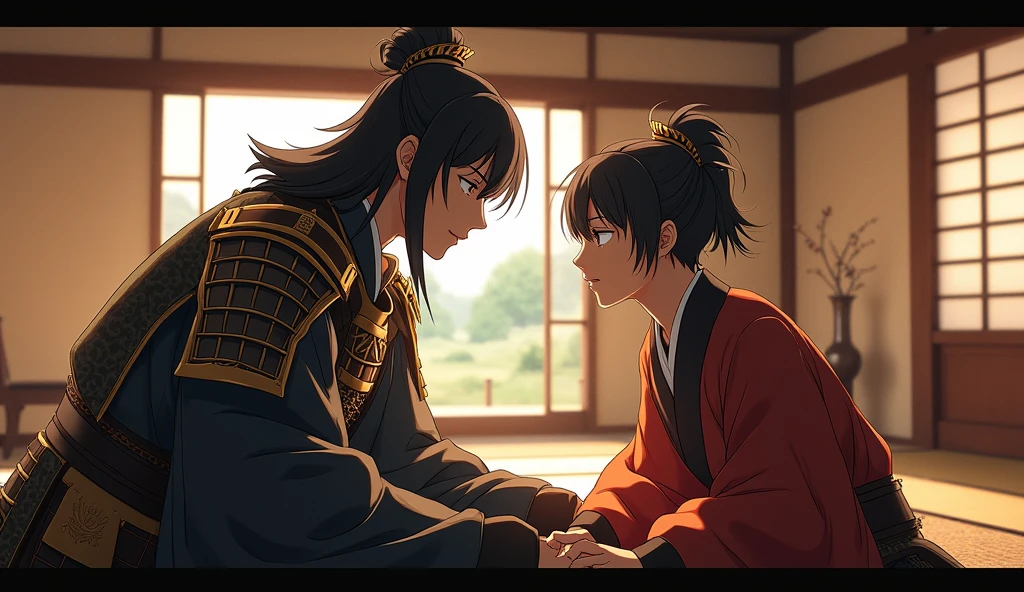 A tender, intimate scene depicting Oda Nobunaga and his young, handsome page, Mori Ranmaru, engaged in a close and meaningful conversation. Nobunaga, dressed in his elaborate samurai armor, is shown leaning slightly towards Ranmaru, who is dressed in traditional attire appropriate for a page. Nobunaga’s expression is one of genuine interest and affection, while Ranmaru looks attentive and respectful. The background is a richly decorated room with traditional Japanese elements, such as tatami mats, shoji screens, and a view of a serene garden through a window. Soft, warm lighting highlights the closeness and mutual respect between them, creating a sense of loyalty and personal connection.