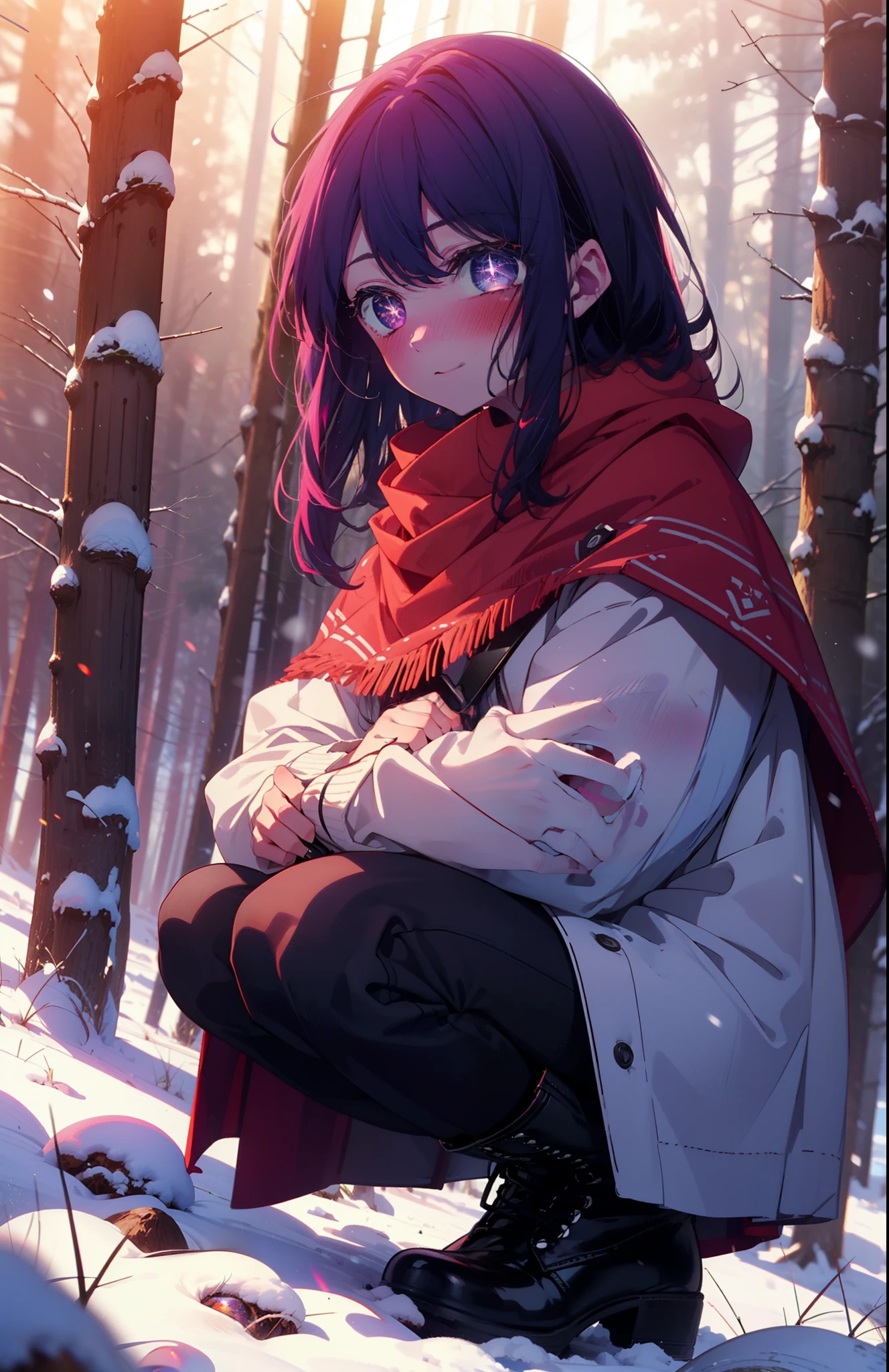 aihoshino, Ai Hoshino, Long Hair, bangs, (Purple eyes:1.1), Purple Hair, (Symbol-shaped pupil:1.5), smile,,smile,blush,white breath,
Open your mouth,snow,Ground bonfire, Outdoor, boots, snowing, From the side, wood, suitcase, Cape, Blurred, , forest, White handbag, nature, Squat, Mouth closed, Cape, winter, Written boundary depth, Black shoes, red Cape break looking at viewer, Upper Body, whole body, break Outdoor, forest, nature, break (masterpiece:1.2), Highest quality, High resolution, unity 8k wallpaper, (shape:0.8), (Beautiful and beautiful eyes:1.6), Highly detailed face, Perfect lighting, Highly detailed CG, (Perfect hands, Perfect Anatomy),