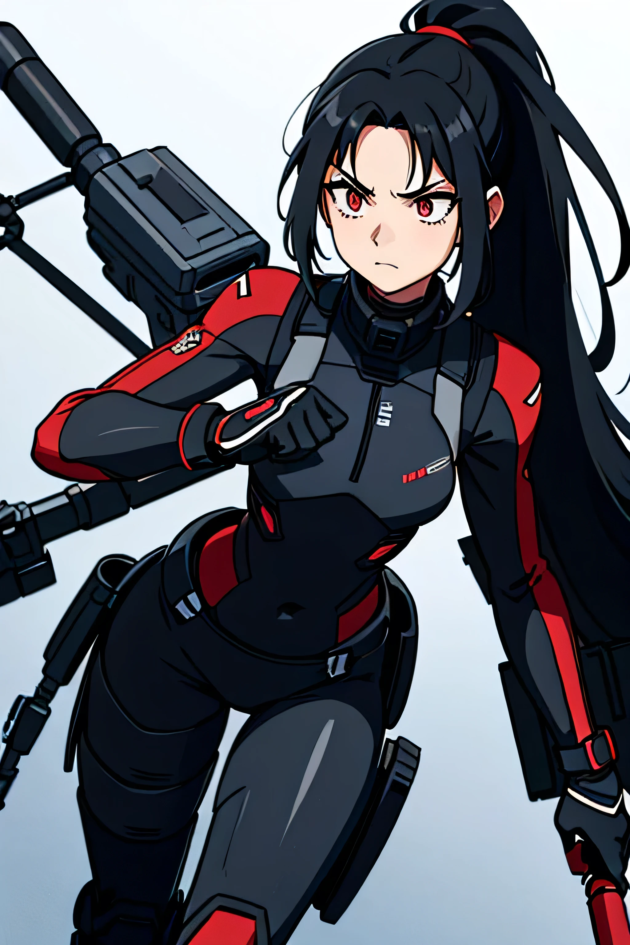 Digital illustration of an anime-style character. The character is a child of 13 YEARS OLD with long black hair, she has hair tied in a hair ponytail, she has a several expression. she wears an military exosuit in full black color, with red accents on the chest area. The suit features detailed exosuit plating and straps, suggesting a combat or tactical purpose. The background isa blanck space, asian feautures, childish appearance